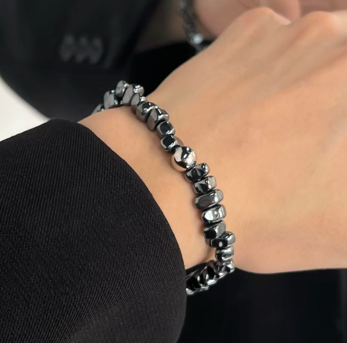 Black & Grey Beaded Bracelet for Women, Minimalist Vintage-Style Stacking Bracelet