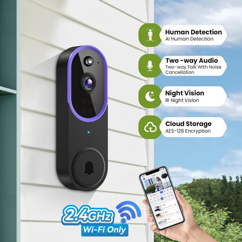 Wireless Video Doorbell Camera 1080P – Battery Smart Doorbell with Human Detection, Night Vision and 2-Way Audio