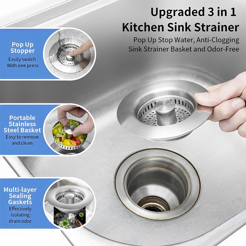 Upgrade 3-in-1 Kitchen Sink Drain Strainer | zavevo