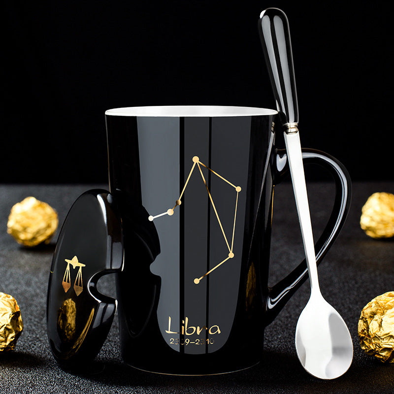 12 Constellations Black Ceramic Mug with Lid Spoon | zavevo