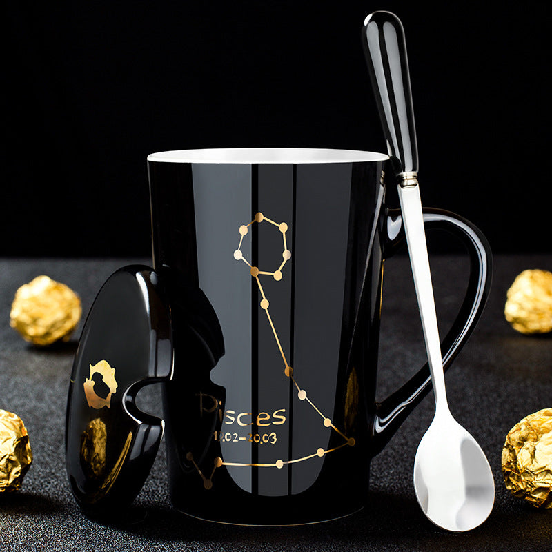 12 Constellations Black Ceramic Mug with Lid Spoon | zavevo
