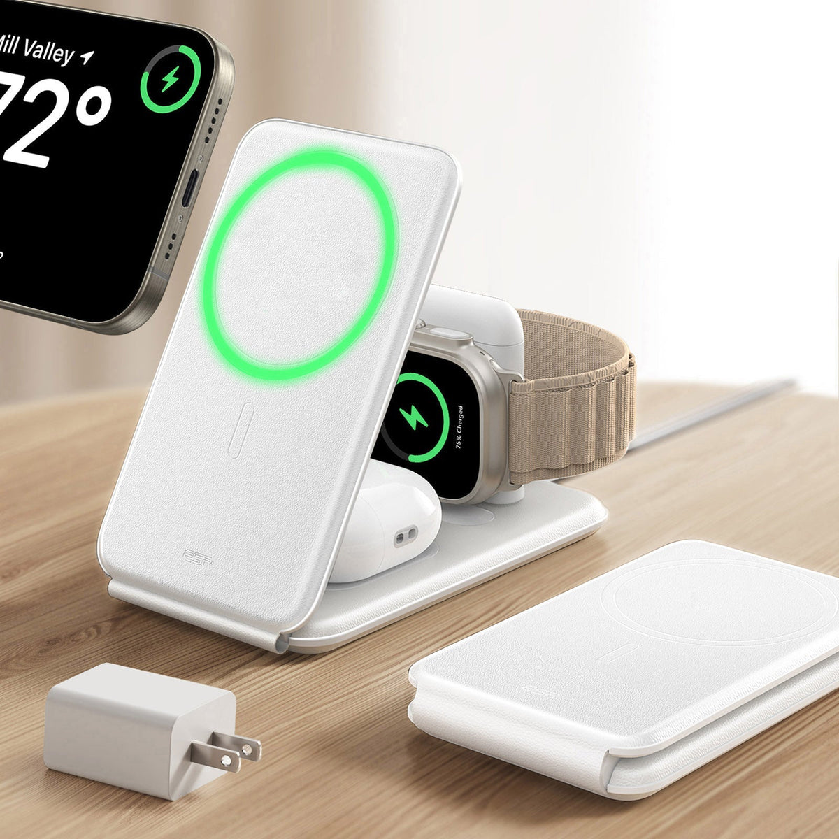15W 3-in-1 Travel Wireless Charging Set - White - US Plug