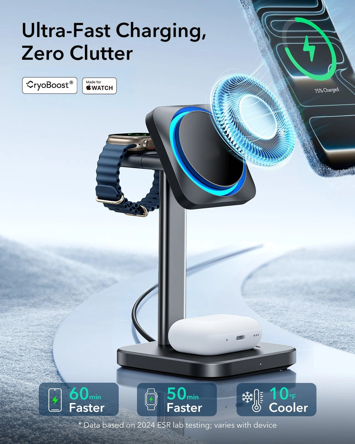 15W 3-in-1 Wireless Charging Station with CryoBoost (HaloLock) - White - US Plug