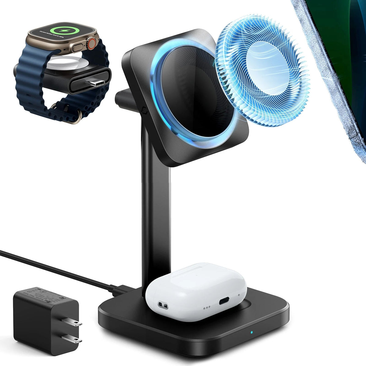 15W 3-in-1 Wireless Charging Station with CryoBoost (HaloLock) - Black - US Plug