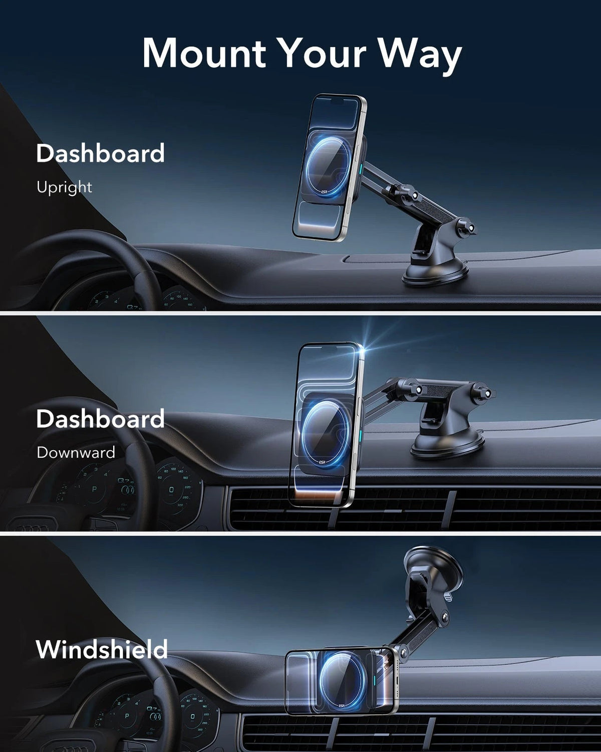 15W Dashboard Wireless Car Charger (HaloLock) - Black
