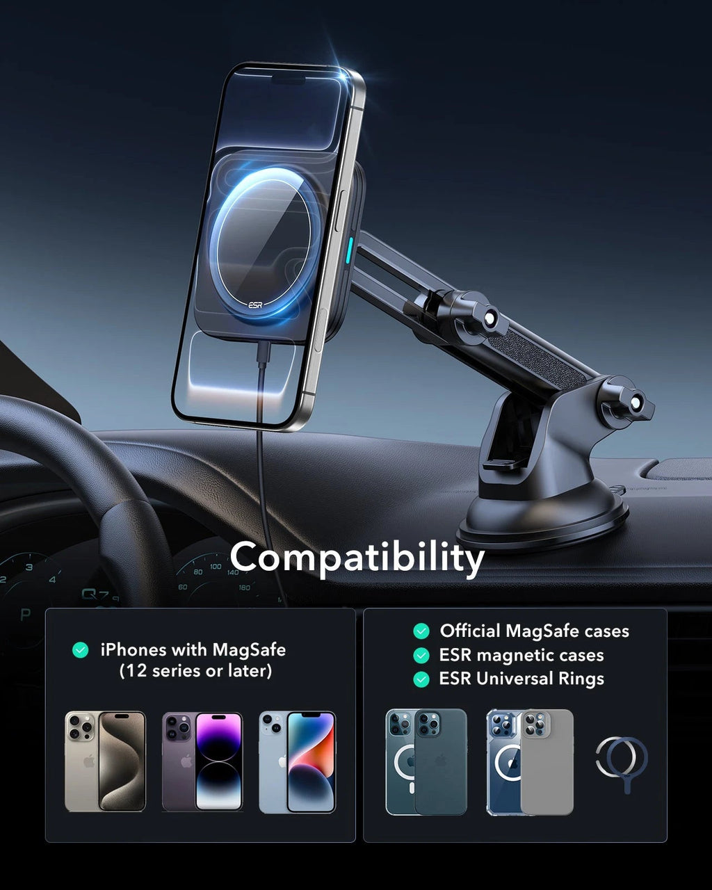 15W Dashboard Wireless Car Charger and AirPods Pro 3 Cyber Tough Case Bundle-Black