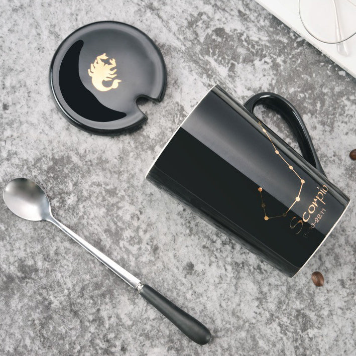 12 Constellations Black Ceramic Mug with Lid Spoon | zavevo