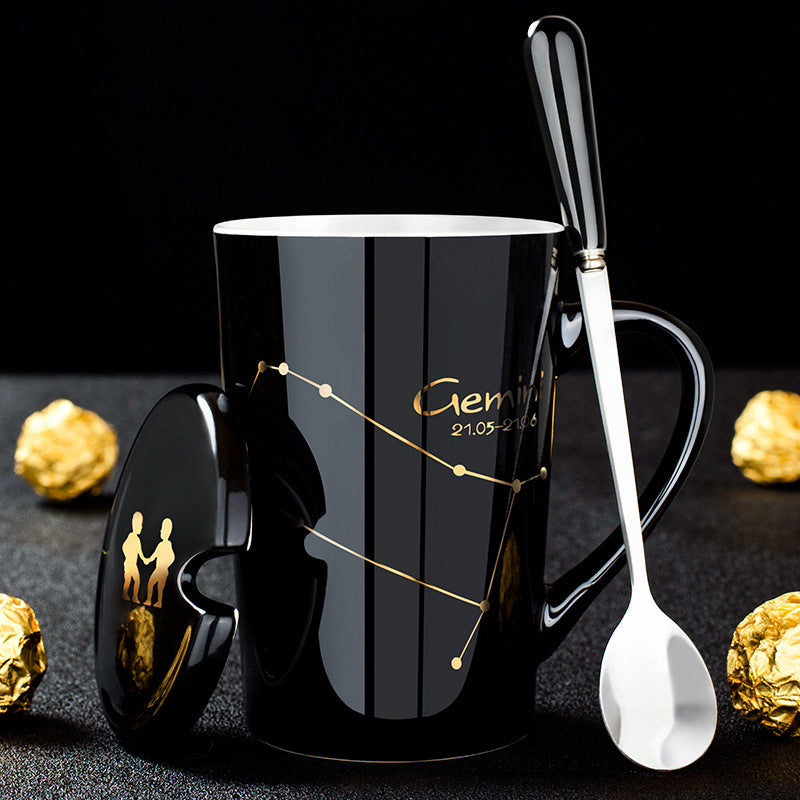 12 Constellations Black Ceramic Mug with Lid Spoon | zavevo
