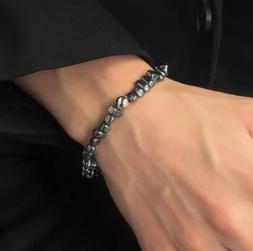 Black & Grey Beaded Bracelet for Women, Minimalist Vintage-Style Stacking Bracelet
