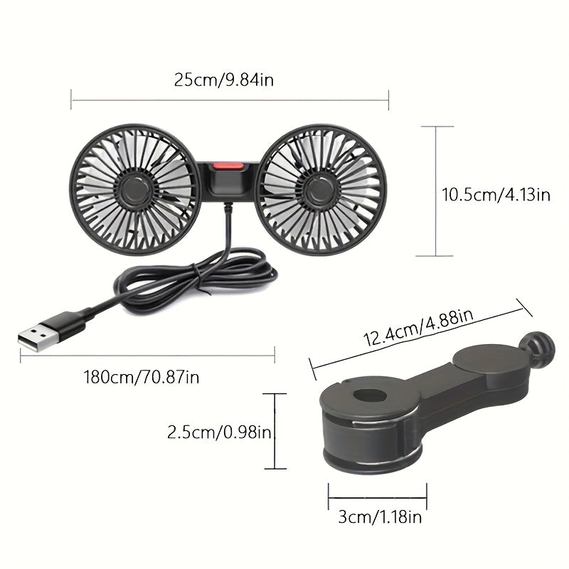 1 Pc Car Fan, Car Small Air Conditioner, Double-headed Rear Fan, Strong Wind, 360 Degrees Rotation, Large Air Volume, Subwoofer Operation, Base Fixed Clip Mounting Method, Suitable For Car Home | zavevo