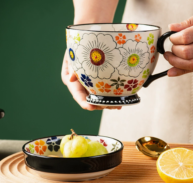 Large Floral Ceramic Mug with Hand-Painted Art for Coffee & Tea