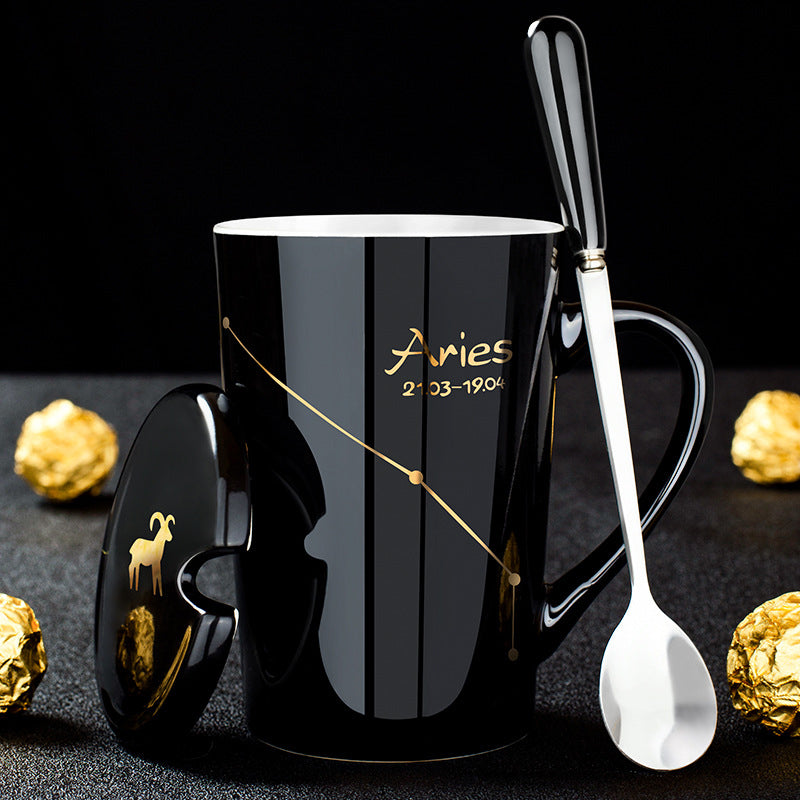 12 Constellations Black Ceramic Mug with Lid Spoon | zavevo