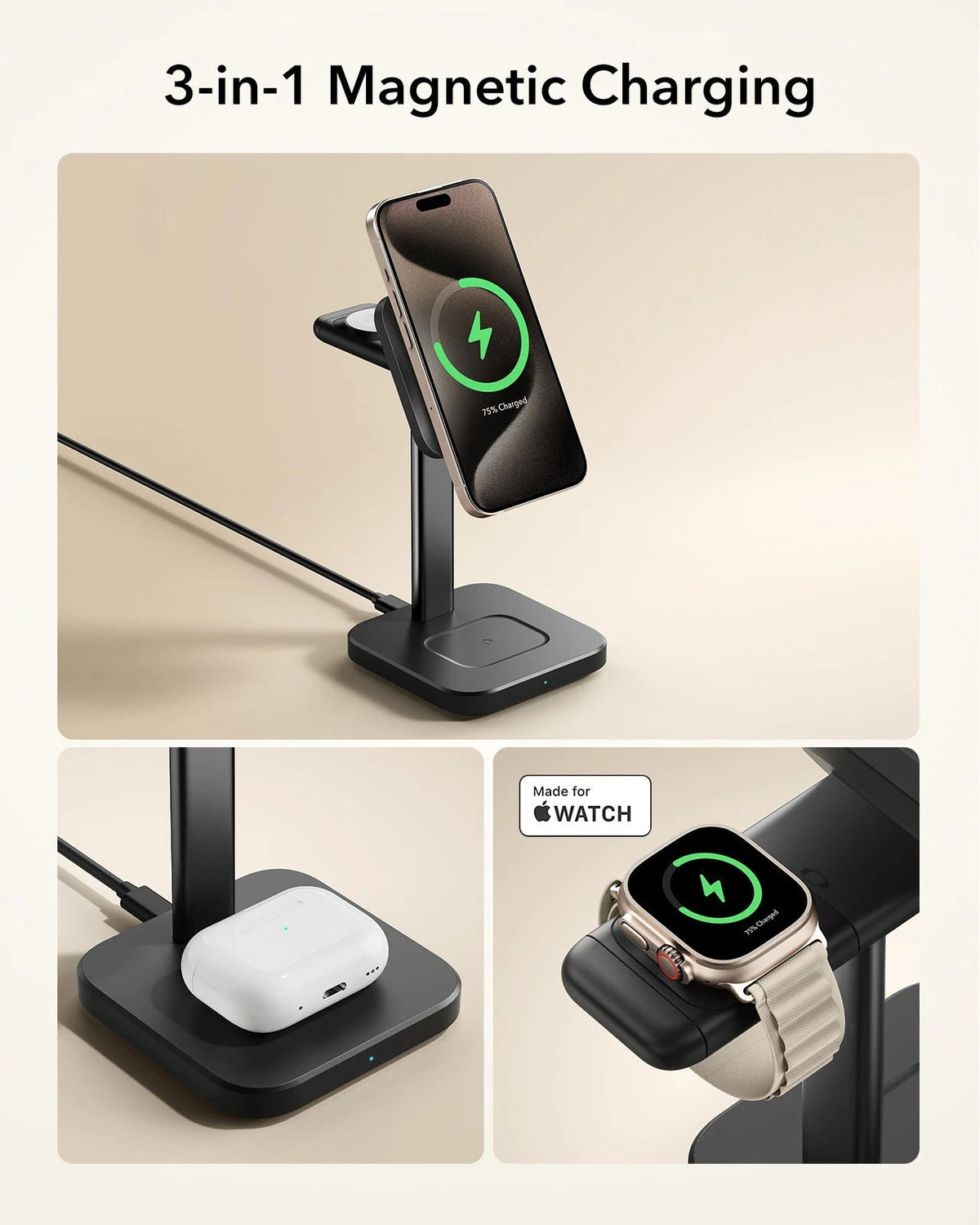 3-in-1 Magnetic Charging Station (15W)- White - US PLUG