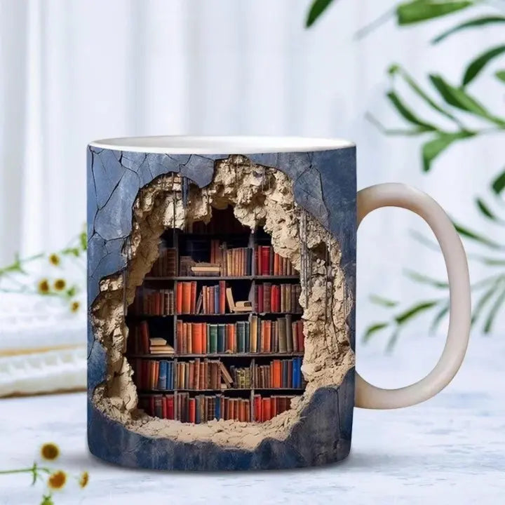 3D Ceramic Bookshelf Mug for Coffee, Tea, and Hot Chocolate