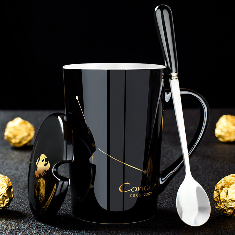 12 Constellations Black Ceramic Mug with Lid Spoon | zavevo