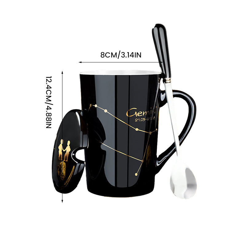 12 Constellations Black Ceramic Mug with Lid Spoon | zavevo