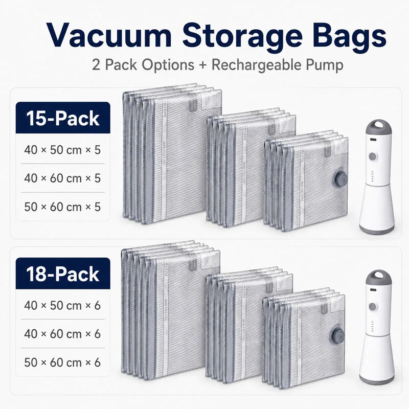 Travel Vacuum Storage Bag Set with Rechargeable Electric Pump – 15 or 18 Space-Saving Compression Bags
