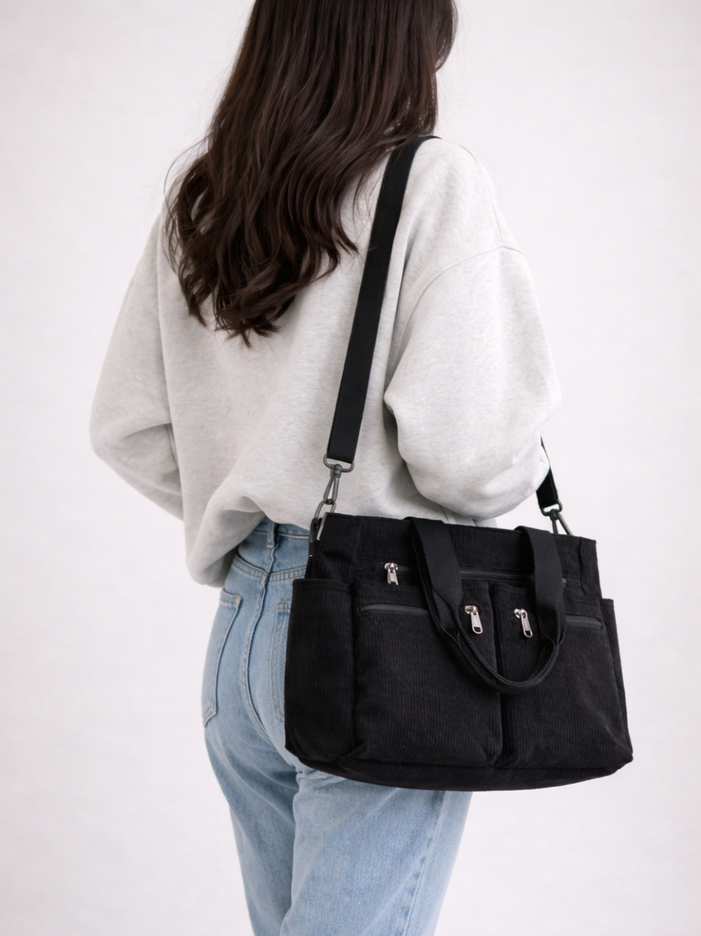 Black Corduroy Tote Bag for University | PERUGIA