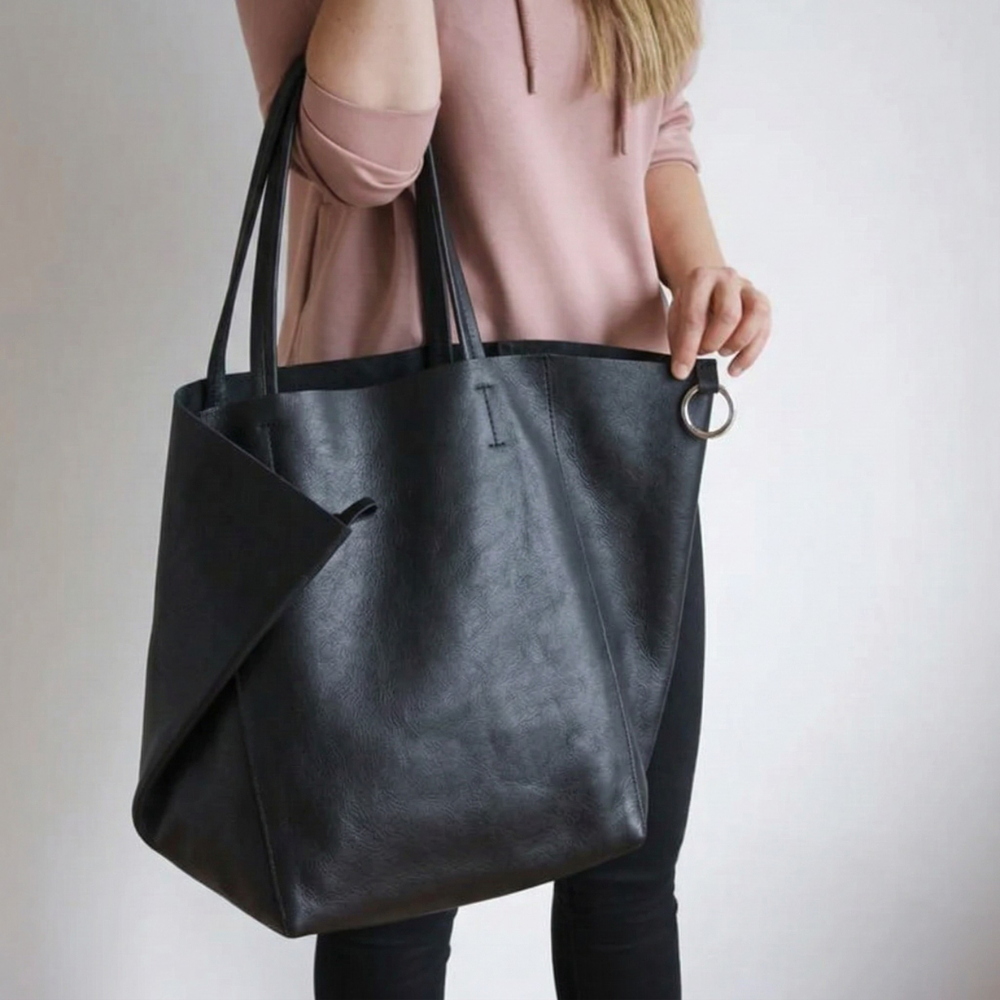 Black Leather Work Tote Bag | Ring-Fold Clasp Closure Sevilla
