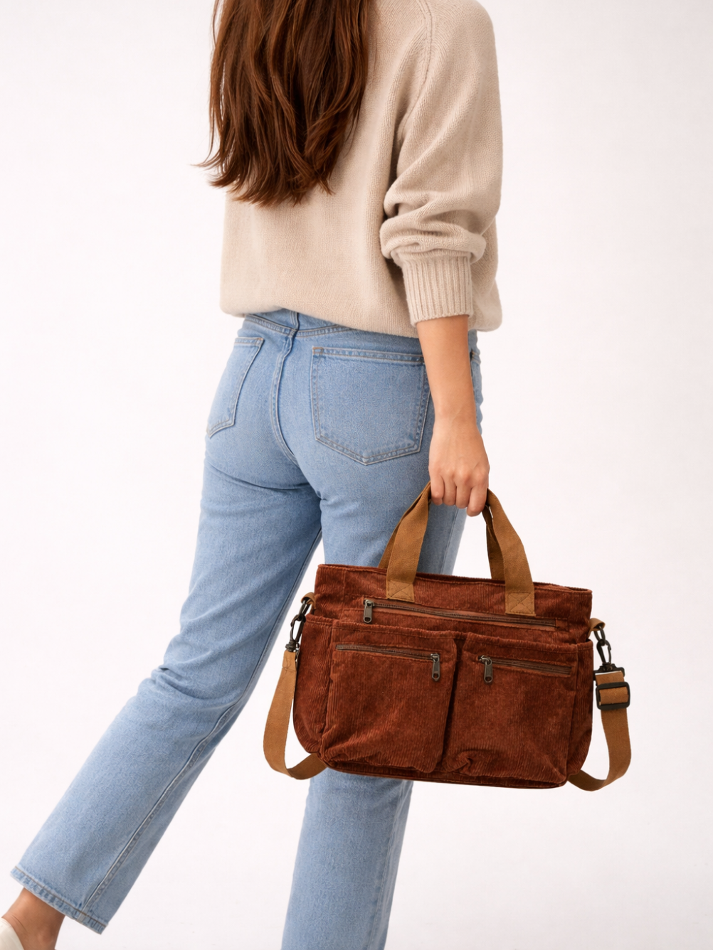 Brown Corduroy Multi-Pocket University Tote Bag – 36×28×14 cm | PERUGIA