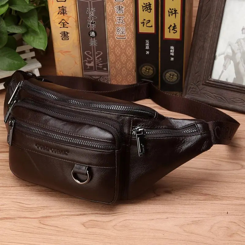 zavevo | Genuine Cowhide Leather Waist Bag for Men – Large Capacity Fanny Pack, Belt & Crossbody Travel Bag