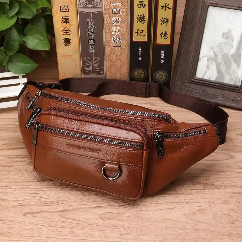 zavevo | Genuine Cowhide Leather Waist Bag for Men – Large Capacity Fanny Pack, Belt & Crossbody Travel Bag