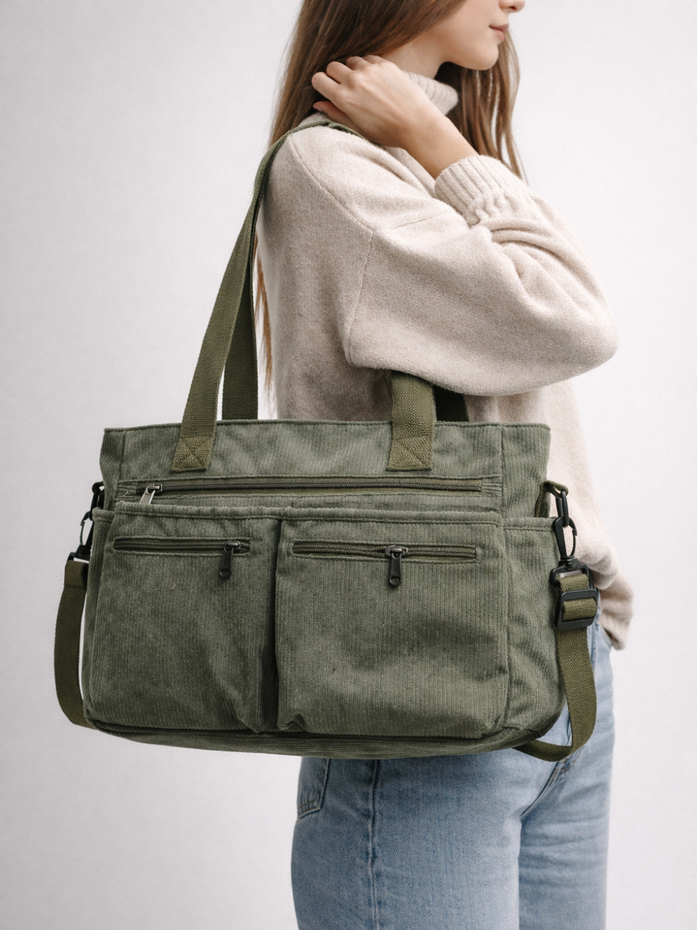 Green Corduroy Tote Bag for University | PERUGIA