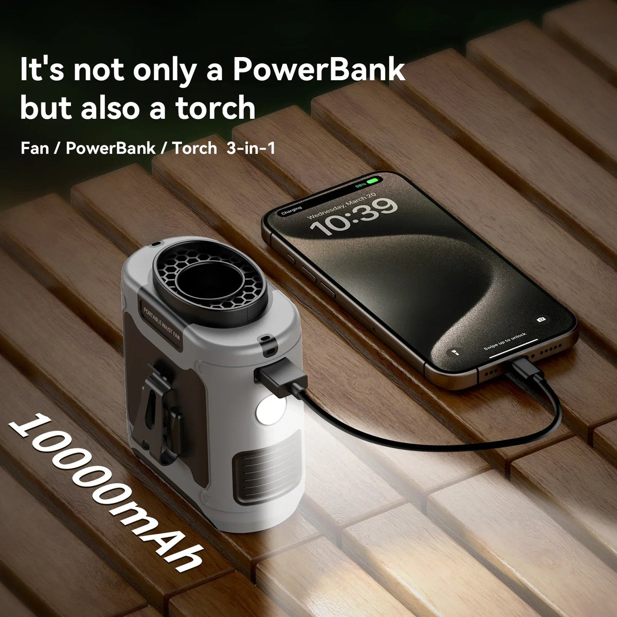 20000mAh Portable Waist Fan – Hanging Neck Fan with Power Bank, Strong Wind, LED Lighting for Sports, Courier, Outdoor Work | zavevo