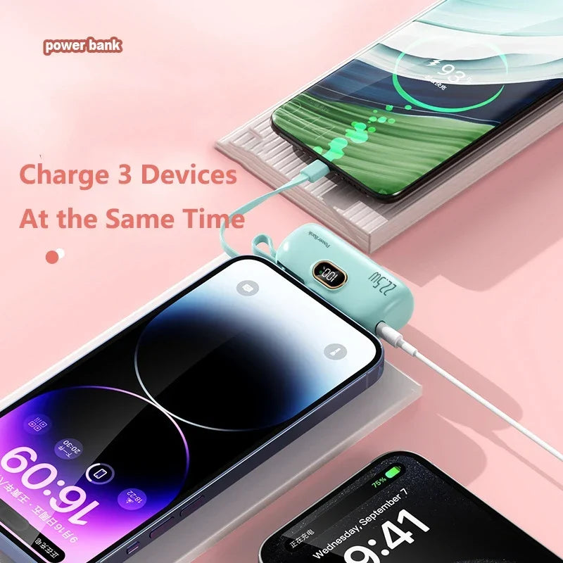 5000mAh Mini Power Bank with Built-In Connector – 22.5W Fast Charging, LED Display and Flashlight