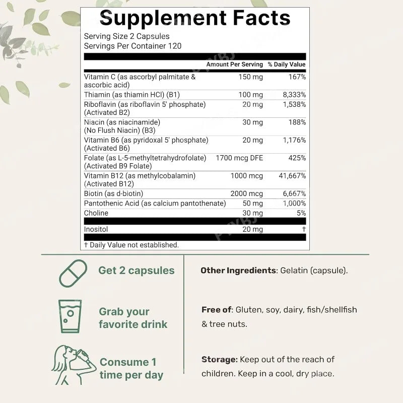 Methylated Vitamin B Complex 240 Capsules with Folate, B12, Thiamin, Inositol, Choline and Vitamin C