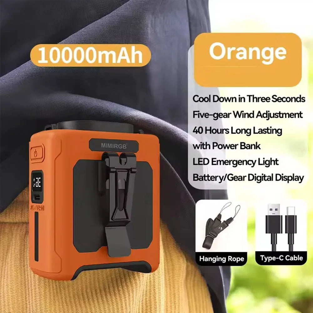 10000mAh Waist Clip Fan with Power Bank – Portable Hands-Free Rechargeable Fan | 5-Speed Cooling, Battery Display, USB Charging, Outdoor Wearable Fan | zavevo