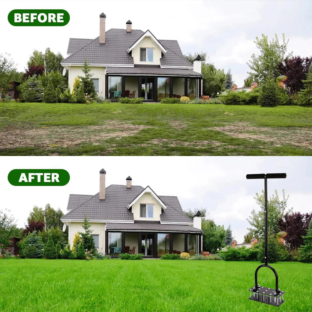 Manual Lawn Aerator Tool with 15 Iron Spikes – Heavy-Duty Foot-Operated Aerator with Self-Clearing Design
