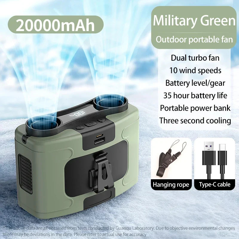 20000mAh Portable Waist Fan – Hanging Neck Fan with Power Bank, Strong Wind, LED Lighting for Sports, Courier, Outdoor Work | zavevo