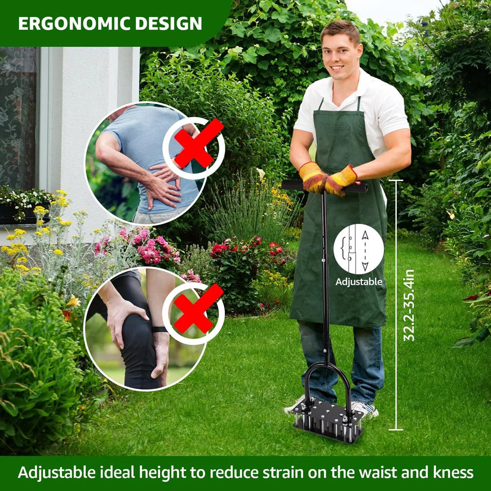 Manual Lawn Aerator Tool with 15 Iron Spikes – Heavy-Duty Foot-Operated Aerator with Self-Clearing Design