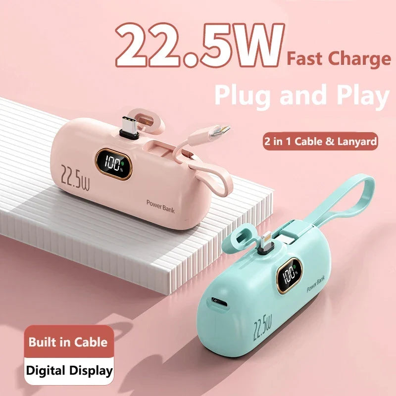 5000mAh Mini Power Bank with Built-In Connector – 22.5W Fast Charging, LED Display and Flashlight