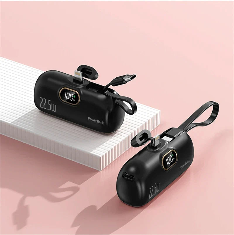 5000mAh Mini Power Bank with Built-In Connector – 22.5W Fast Charging, LED Display and Flashlight