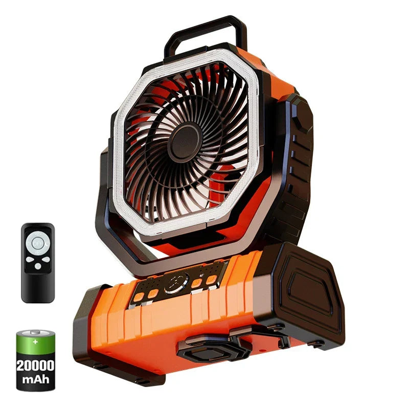 20000mAh Portable Rechargeable Fan — Battery-Operated Desk & Camping Fan with LED Light & Hook for Tent, Car, and Outdoor Trips | zavevo