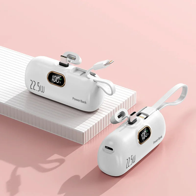 5000mAh Mini Power Bank with Built-In Connector – 22.5W Fast Charging, LED Display and Flashlight