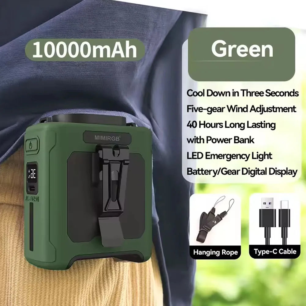 10000mAh Waist Clip Fan with Power Bank – Portable Hands-Free Rechargeable Fan | 5-Speed Cooling, Battery Display, USB Charging, Outdoor Wearable Fan | zavevo