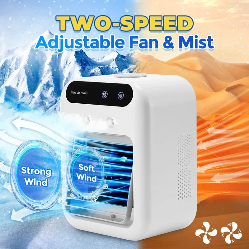 Mini Portable Air Cooler & Humidifier – USB Rechargeable, 2-Speed Fan, 500ml Water Tank – for Home & Office
