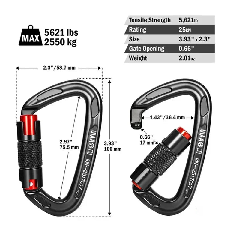 24KN Auto Lock D-Shaped Climbing Carabiner – Heavy-Duty Aluminum Alloy for Mountaineering, Rock Climbing & Caving