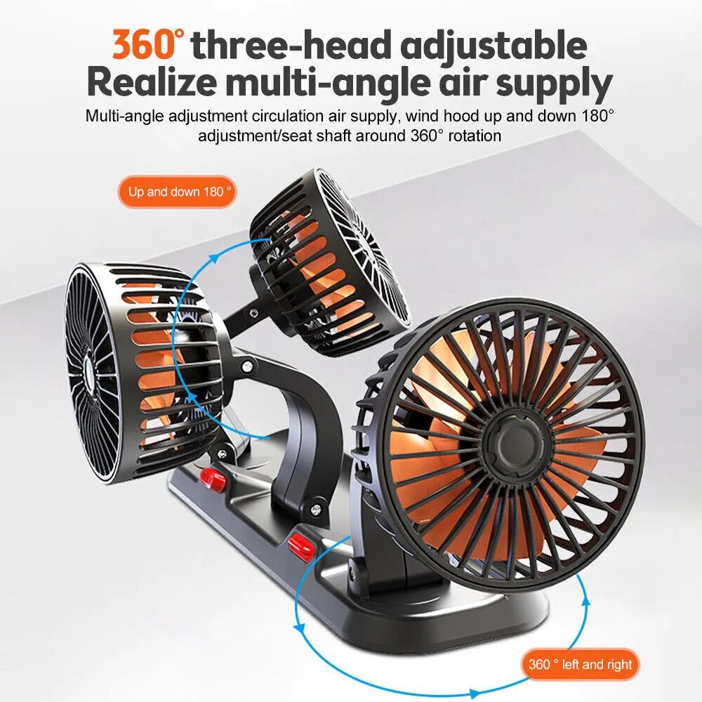 360° Adjustable Car Fan - 3-Head Automotive Electric Fan - USB/12V/24V - 2 Speeds - Silent Cooling for Home, Desk, Office & Car | zavevo