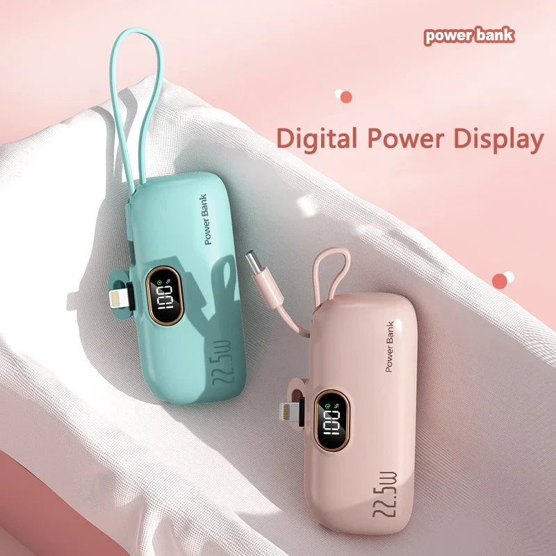 5000mAh Mini Power Bank with Built-In Connector – 22.5W Fast Charging, LED Display and Flashlight