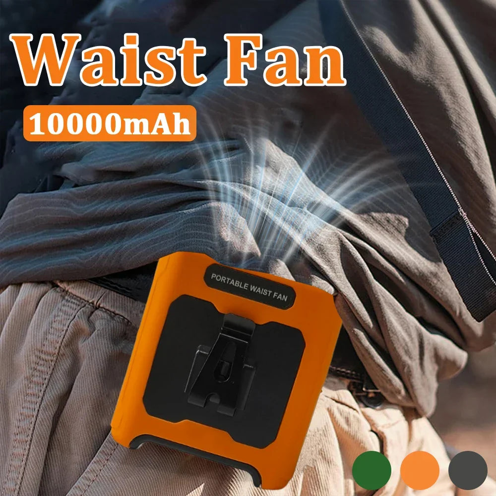 10000mAh Waist Clip Fan with Power Bank – Portable Hands-Free Rechargeable Fan | 5-Speed Cooling, Battery Display, USB Charging, Outdoor Wearable Fan | zavevo