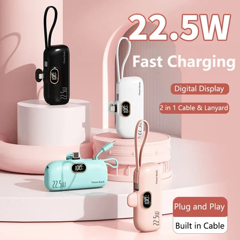 5000mAh Mini Power Bank with Built-In Connector – 22.5W Fast Charging, LED Display and Flashlight