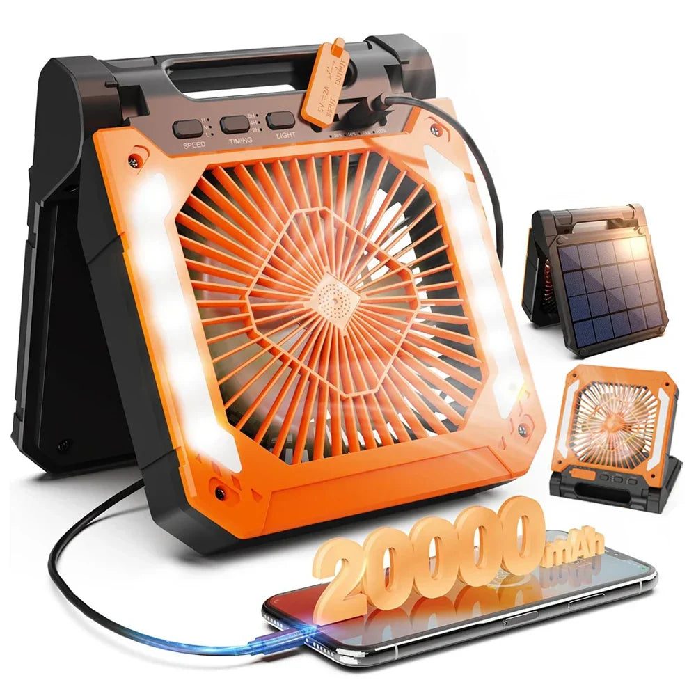 20000mAh Portable Electric Fan with LED Light — USB, Solar & Car Charging for Camping | zavevo