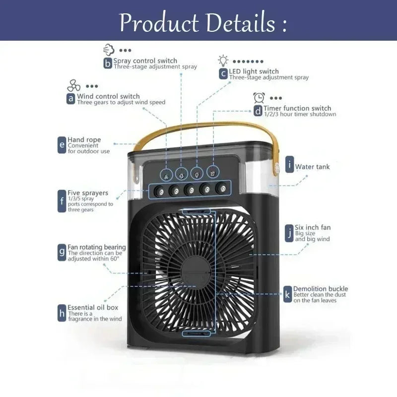 3-in-1 Mini Air Cooler Fan – Portable Household Air Conditioner with LED Night Light, Humidifier, and Adjustable Air for Home & Office | zavevo