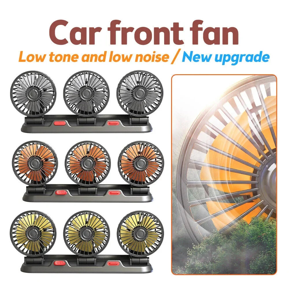 360° Adjustable Car Fan - 3-Head Automotive Electric Fan - USB/12V/24V - 2 Speeds - Silent Cooling for Home, Desk, Office & Car | zavevo