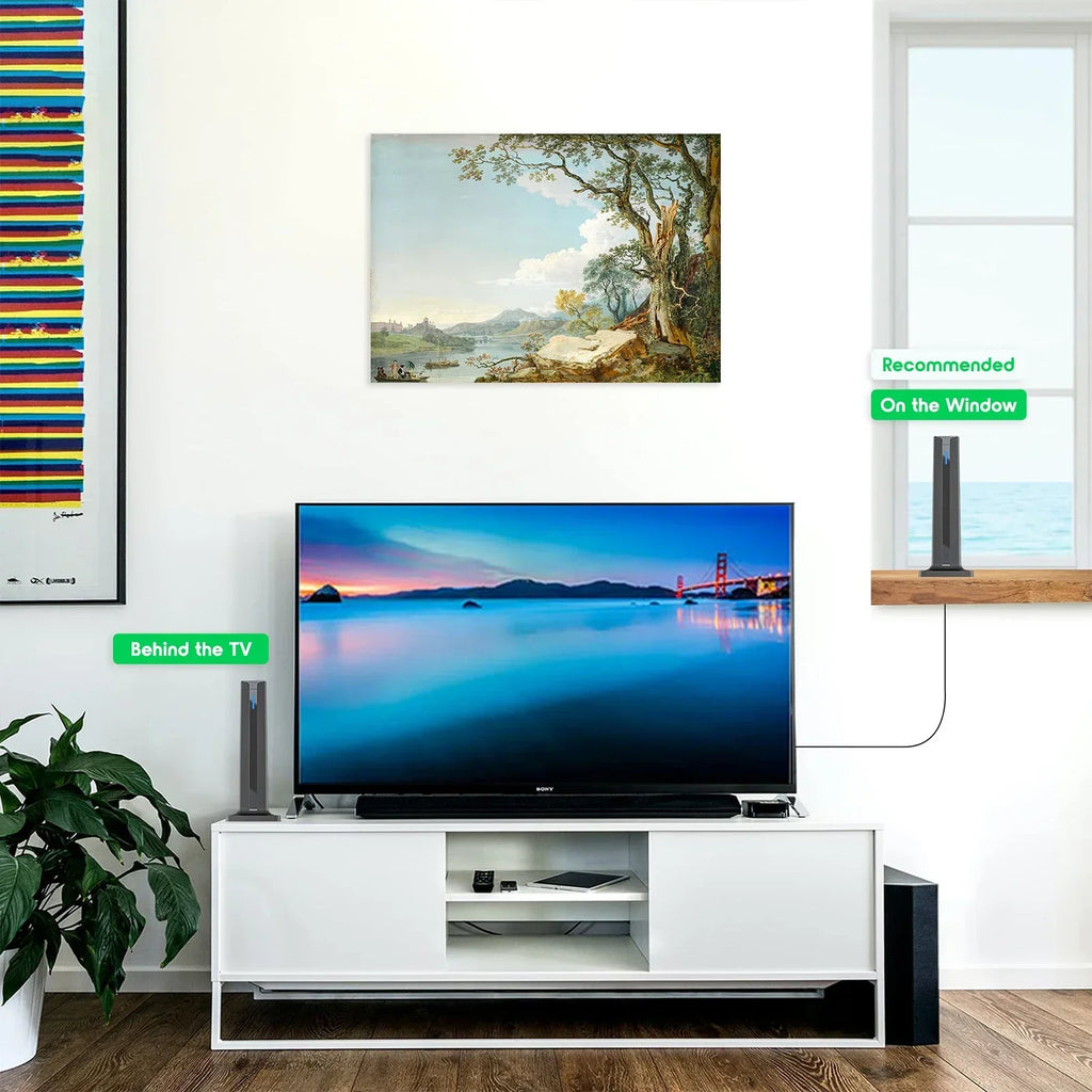 4K HDTV Indoor Digital TV Antenna with 120 Mile Range & 25dBi Signal Booster – Supports VHF/UHF, IEC & F Connector, 3m Cable
