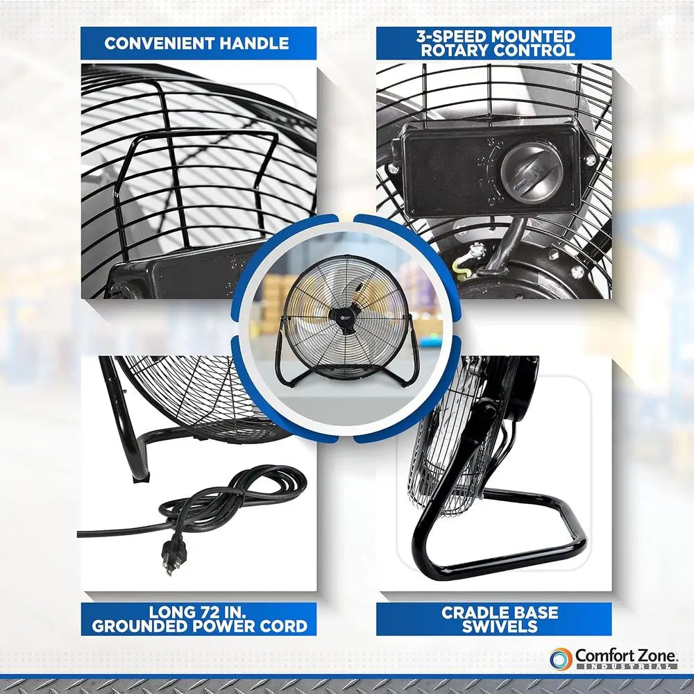 18-Inch Industrial High-Velocity Floor Fan – 3-Speed Adjustable Tilt with Carry Handle for Workshop & Home Use | zavevo